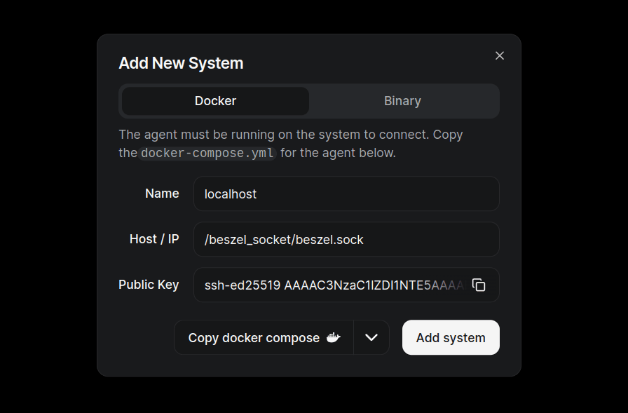 Screenshot of system creation form